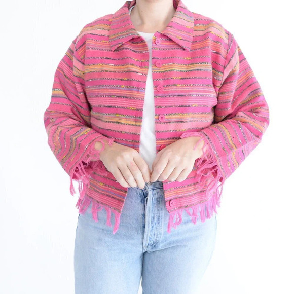 Vintage 90's Silver Stream 100% Cotton Pink Striped Button  Up Textured Jacket S - Picture 1 of 12